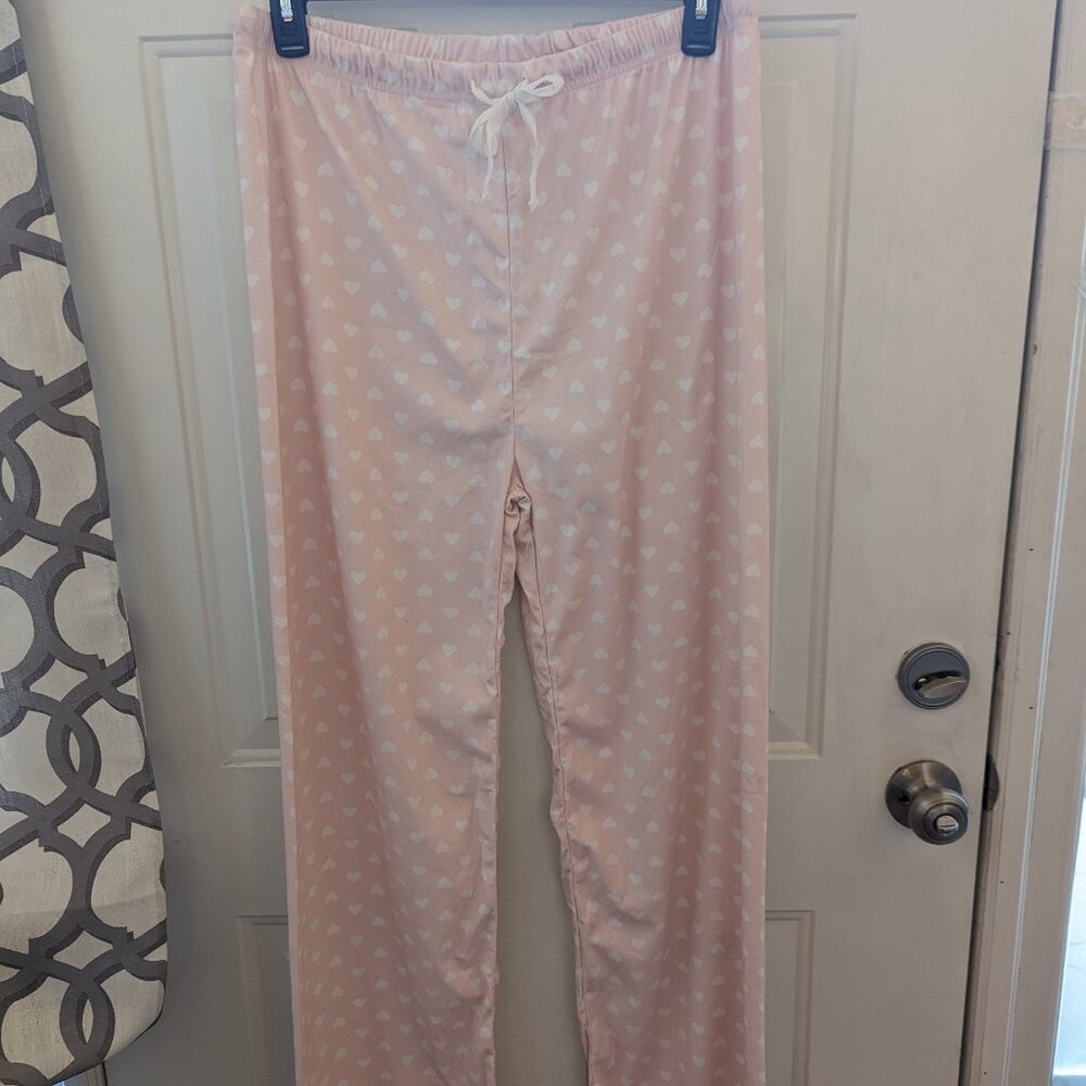 Pajama Drama pink pajama pants with white heart pattern, white waist tie sz XL